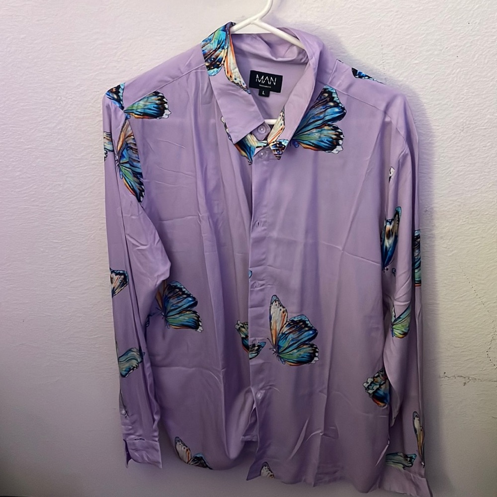 BoohooMAN Purple Butterfly Dress Shirt